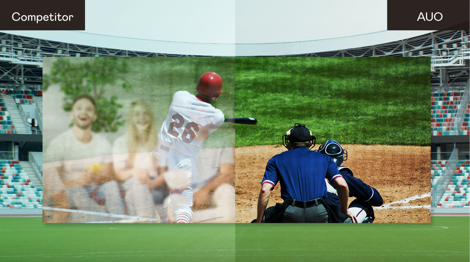 Comparison of display quality: AOA ALED MicroLED Display provides sharp, vivid visuals with superior brightness and contrast, outperforming a competitor’s display in clarity and color accuracy during live-action scenes.