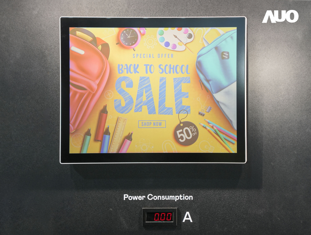 aoa体育展示胆固醇液晶超低耗能户外全彩显示器，ChLC（胆固醇液晶）以双稳态技术使静态显示零功耗，具省电、高彩度、环保的特性，还整合软硬件系统解决方案，可透过单一云端平台管理