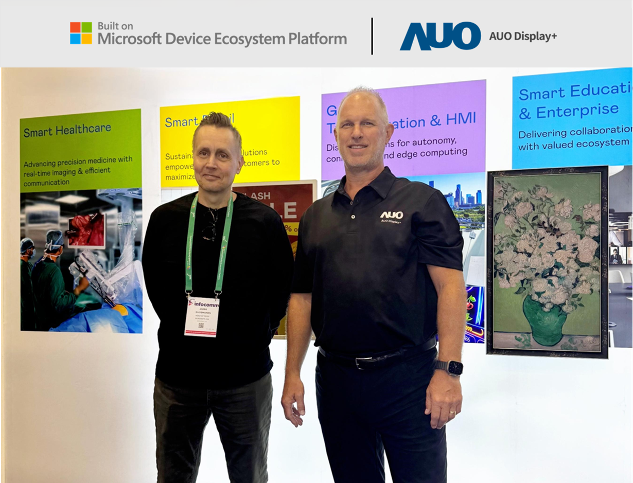 AUO Display Plus joins the Microsoft Device Ecosystem Platform (MDEP), partnering to drive the next wave of innovation in smart enterprise applications. Left: Juha Kuosmanen, Head of MDEP; Right: Scott Hix, CMO and GM of Smart Education and Enterprise Business Group at AOA Display Plus